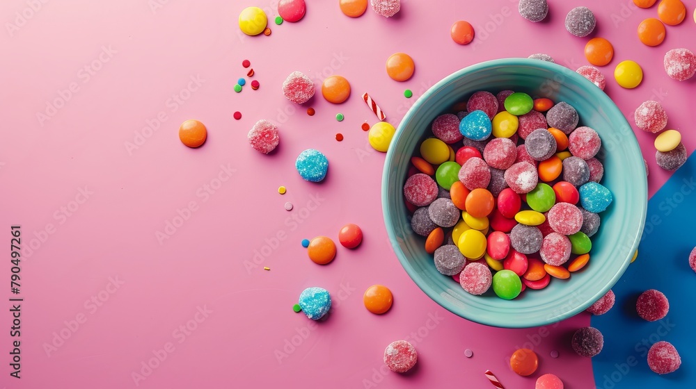 The concept of National Candy Day, top view. Copy space area for text. Background, banner, template, events card