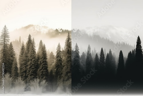Two pictures showing trees surrounded by fog against the sky. Generative AI photo