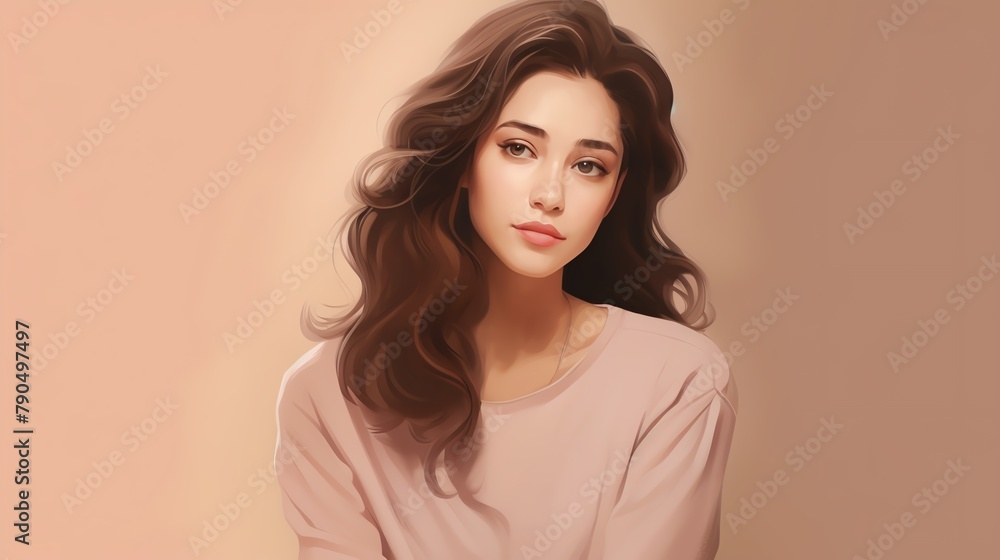 pensive beautiful woman in casual clothes, pastel beige background pensive beautiful woman in casual clothes, pastel beige background