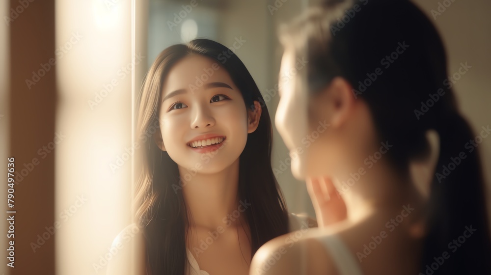 Fototapeta premium A young korean woman who smiling brightly after your skin has improved, Looking in the mirror