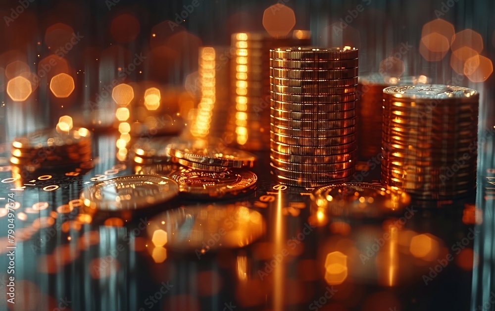 Graph and coins illustrate business growth, while soft lighting and deep colors create a vibrant marketing success story with a 3D view from above, like a bird's eye perspective.
