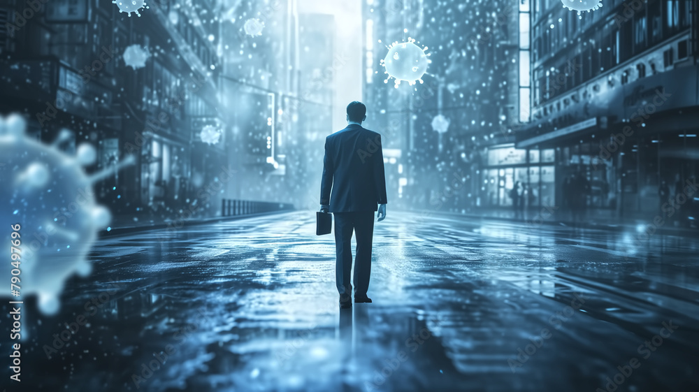 A lone businessman walks through a deserted, rainy city street with symbolic virus particles hovering, suggesting a pandemic setting.
 - obrazy, fototapety, plakaty 