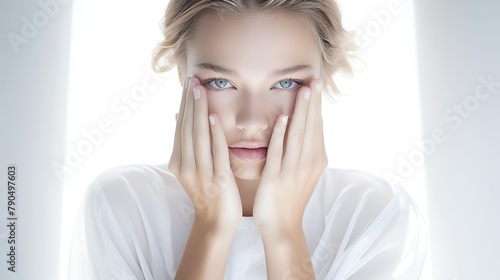 Halflength photo of a European female model holding her face with one hand, wearing a Dior style white dress, beauty advertisement, delicate facial features, white background, bright light