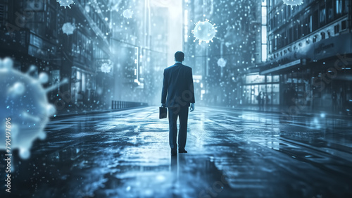 A lone businessman walks through a deserted, rainy city street with symbolic virus particles hovering, suggesting a pandemic setting. 