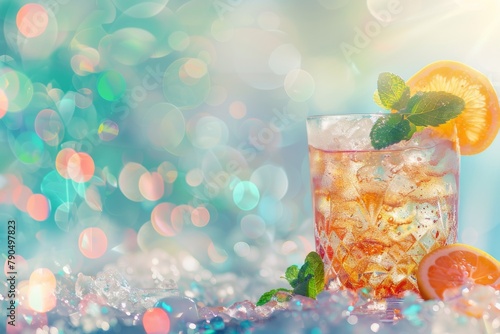 Glass with cooling beverage and mint against light bokeh background