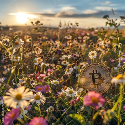 Wildflowers with bitcoins glittering in their midst, panoramic view, vibrant midday sun. photo