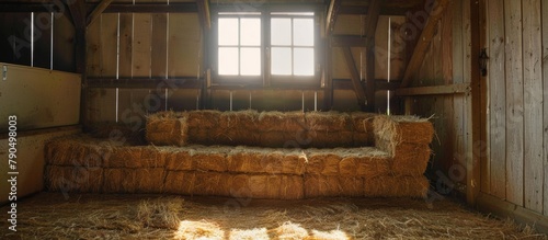 A close up view of a cozy couch placed in a barn surrounded by dry hay, creating a rustic and warm ambiance