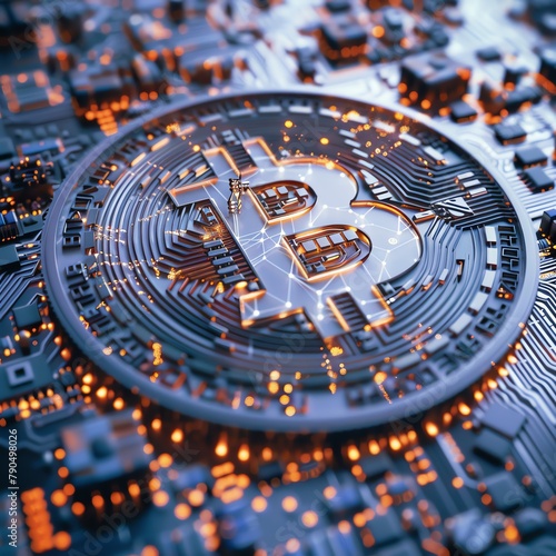 Bitcoin integrated into a powerful circuit board, glowing connections, close-up, sharp detail, high-tech glow.