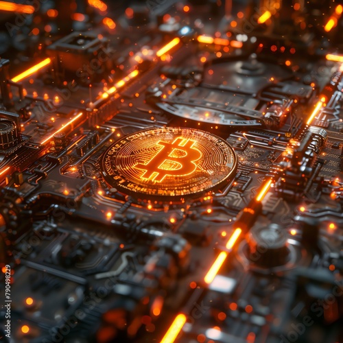 Circuit grid channeling energy to a glowing bitcoin, overhead shot, intense focus, sci-fi setting.