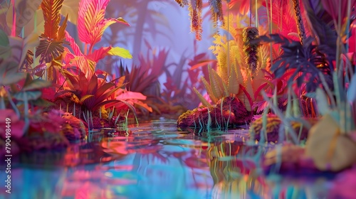 Fauvist Dreamscape with Vivid Tropical Foliage and Reflected Light