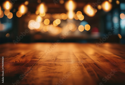 Blurry photo of wooden table in room with lights on it © ArtisticLens