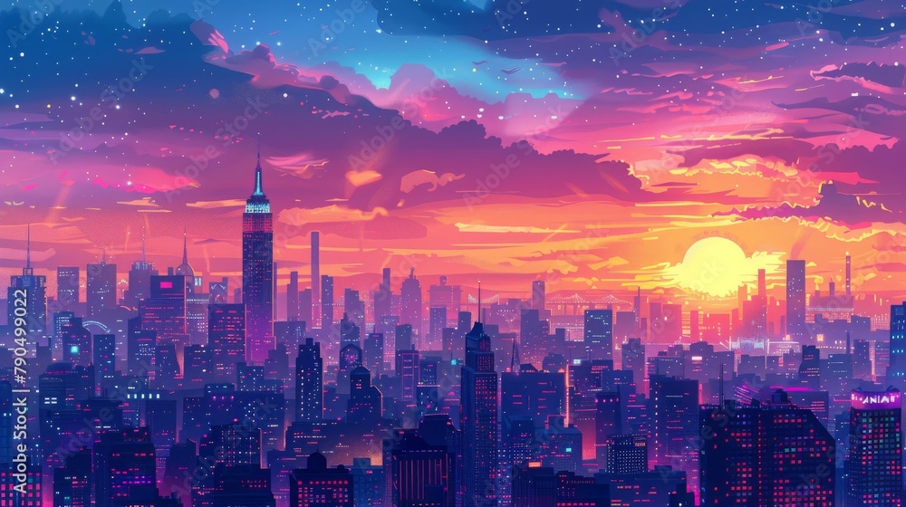 Fototapeta premium Futuristic cityscape with vibrant sunset and starry sky, concept of urban fantasy and adventure 