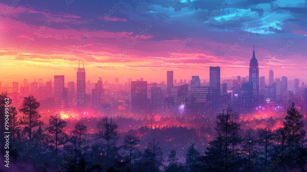 Surreal city skyline with a forest foreground at dusk, blending urban and natural elements in a dreamlike vista, concept of nature meets urbanization Surreal city skyline with a forest foreground at dusk, blending urban and natural elements in a dreamlike vista, concept of nature meets urbanization