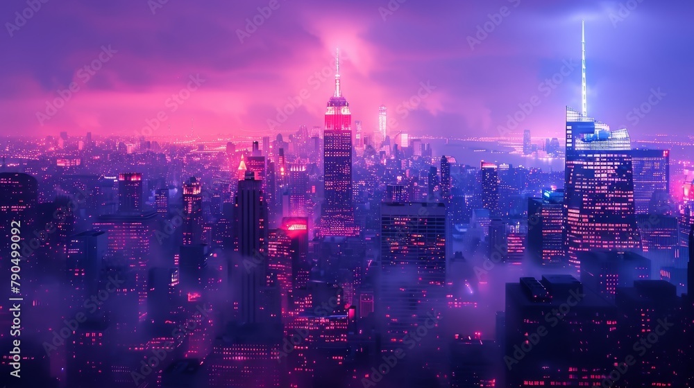 Neon-lit cityscape under a vibrant pink and purple twilight sky, concept of urban nightlife and futuristic metropolis
