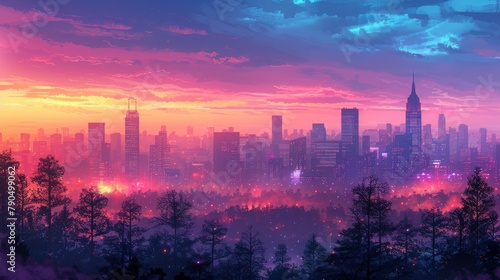 Surreal city skyline with a forest foreground at dusk, blending urban and natural elements in a dreamlike vista, concept of nature meets urbanization