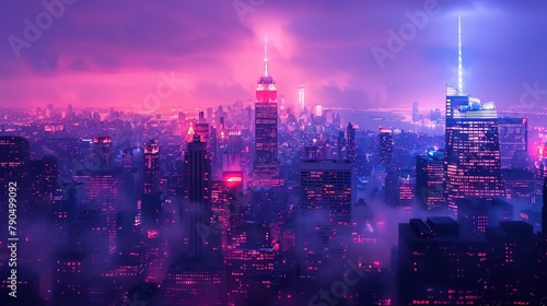 Neon-lit cityscape under a vibrant pink and purple twilight sky  concept of urban nightlife and futuristic metropolis 