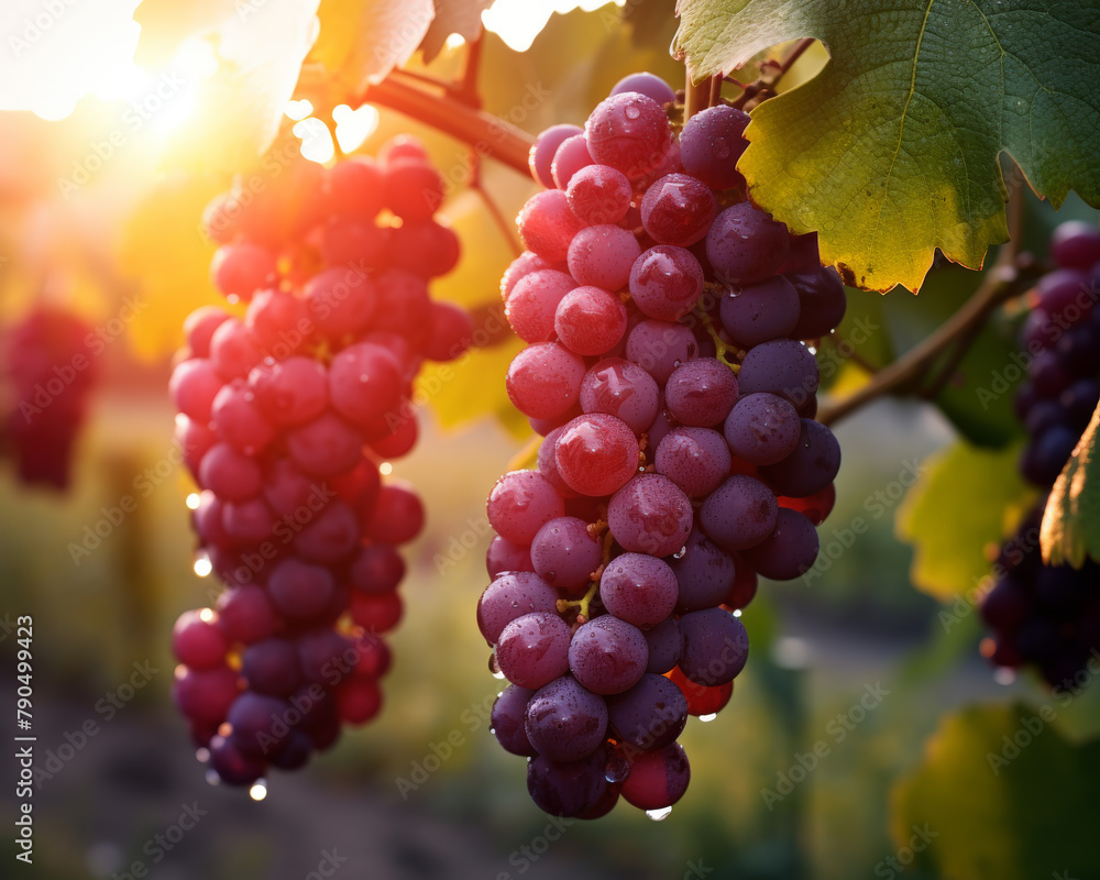 A close up of a bunch of ripe red grapes on the vine with the sun shining through them.