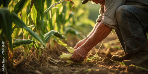 An image capturing the hands of a farmer as they harvest corn during the warm, golden hour light, with a focus on sustainable agriculture. photo