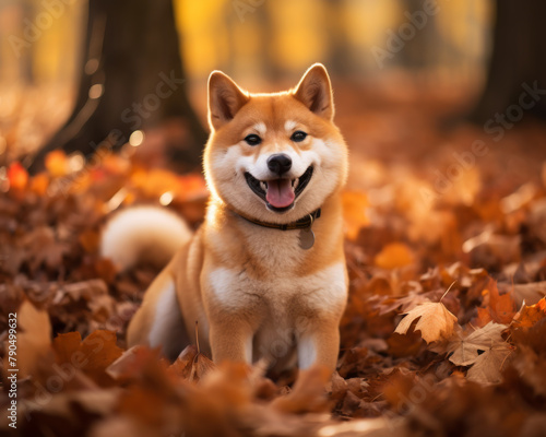 A Shiba Inu sits in a pile of fallen leaves in the woods.