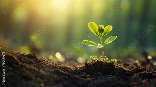 A small plant growing out of the dirt towards the sun. photo