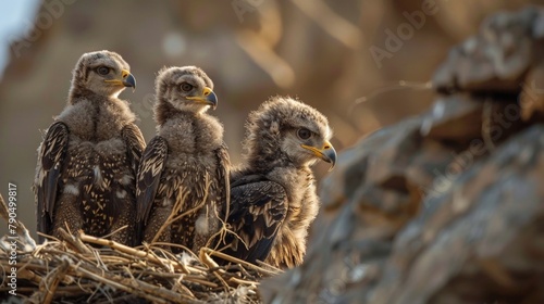 Three birds perched in nest on rock