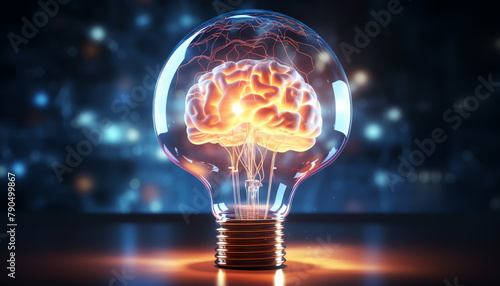 A 3D rendered concept of a glowing human brain inside a light bulb, symbolizing ideas and innovation on a vivid blue background. photo