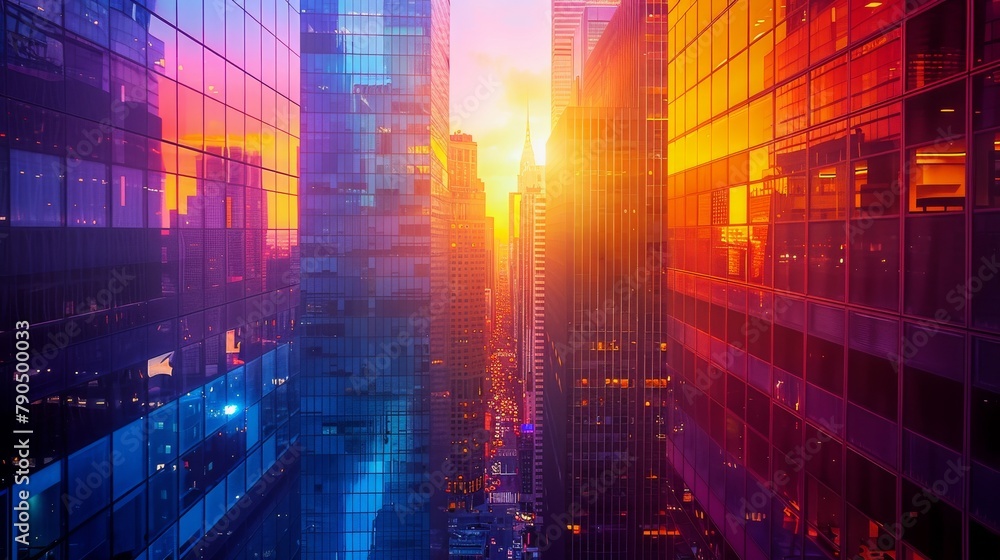 Sunset over an urban canyon of skyscrapers with glowing lights and vibrant colors, encapsulating the energy of city life and architectural marvel