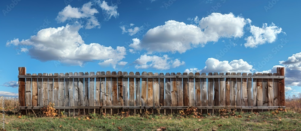 A rustic wooden fence stretches across the view under a sky filled with fluffy clouds