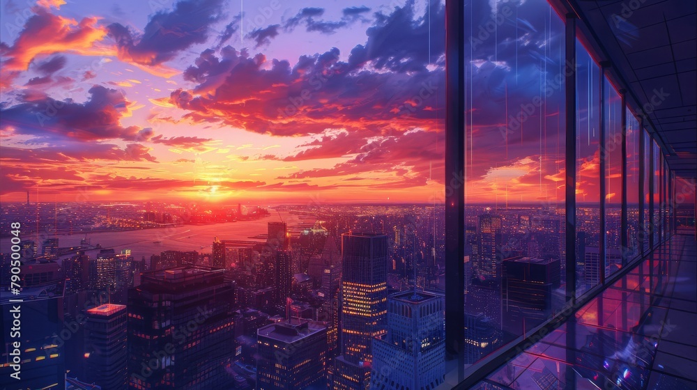 Panoramic cityscape with skyscrapers reflecting the hues of sunset, overlooking a vibrant metropolis, concept of urban exploration and architecture - obrazy, fototapety, plakaty 