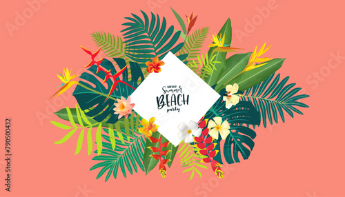 Vector tropical floral card, Hawaiian touch. Lush summer design, hibiscus, plumeria on peach color backdrop. Summer beach party illustration, greenery frame. Vacation parties modern template
