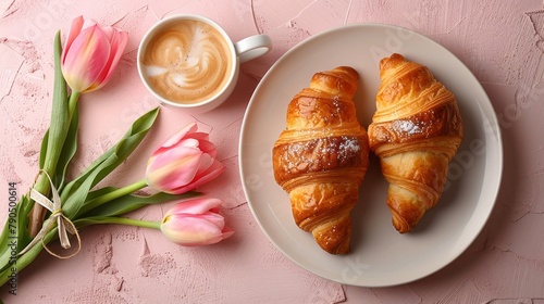 Happy mother's day. beautiful breakfast. lunch with cup of coffee. fresh croissants. tulip and gift. Spring holiday. family relations. Top view  © Wanlop