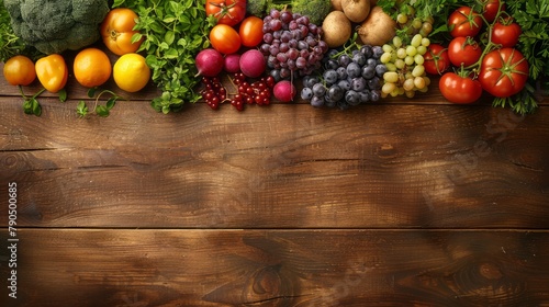 Healthy food background studio photo of different fruits and vegetables on old wooden table