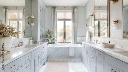high quality sharp focus fine detail wide angle architectural photograph of a whole luxury modern bathroom  studio mcgee  marble  subtle blue  warm neutral  architectural digest editorial    