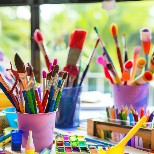 Art classroom with diverse educational supplies, close-up, creative chaos, vibrant colors, daylight.