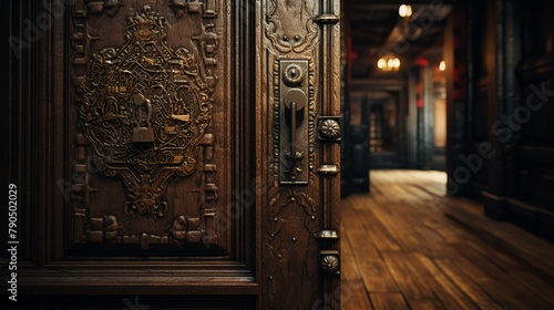 An old, weathered wooden door with intricate carvings and a worn brass doorknob ,3DCG,high resulution,clean sharp focus photo