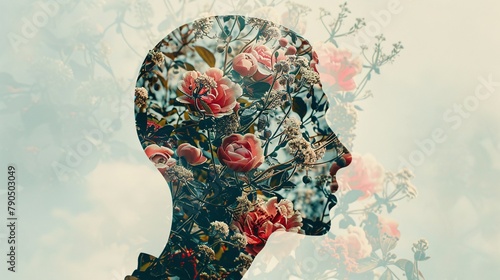 a double exposure illustration blending a man's profile with flowers, celebrating mental health on man's Day.