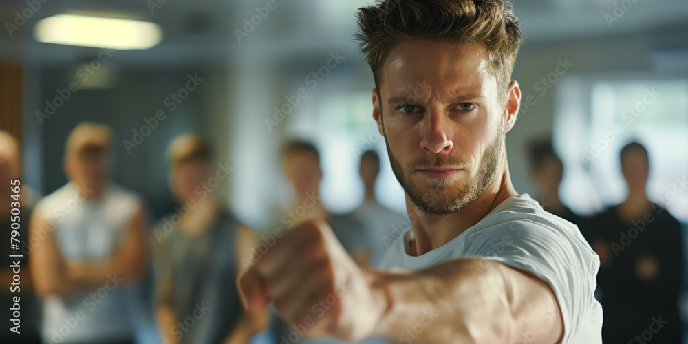 Happy handsome man takes a self-defense course together with other people - obrazy, fototapety, plakaty 