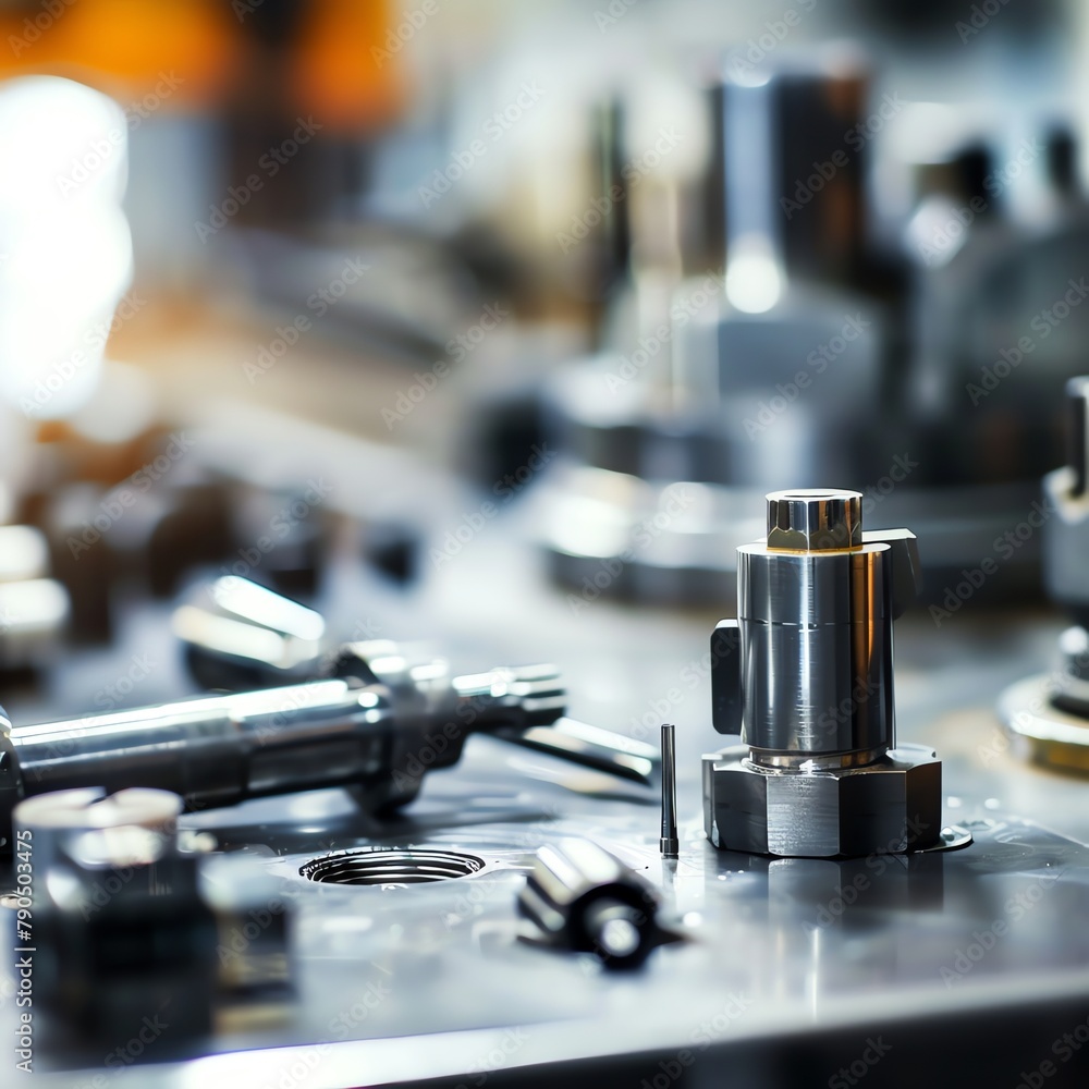 Precision engineering tools on a workbench, close-up, focus on detail, well-lit industrial setting.