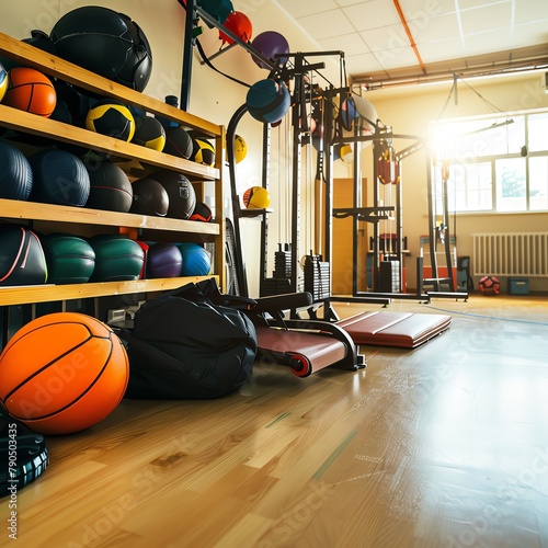 Physical education storage with sports and fitness equipment, wide angle, active school environment, natural light.