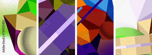 A vibrant collage featuring colorful geometric shapes such as purple rectangles, violet triangles, and magenta textiles. Symmetry and art are key elements in this display of colorfulness