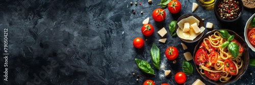 Pasta with tomatoes and cheese on dark background. © InfiniteStudio