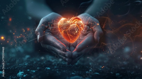 Glowing human heart in hands Anatomic illustration of the human heart photo