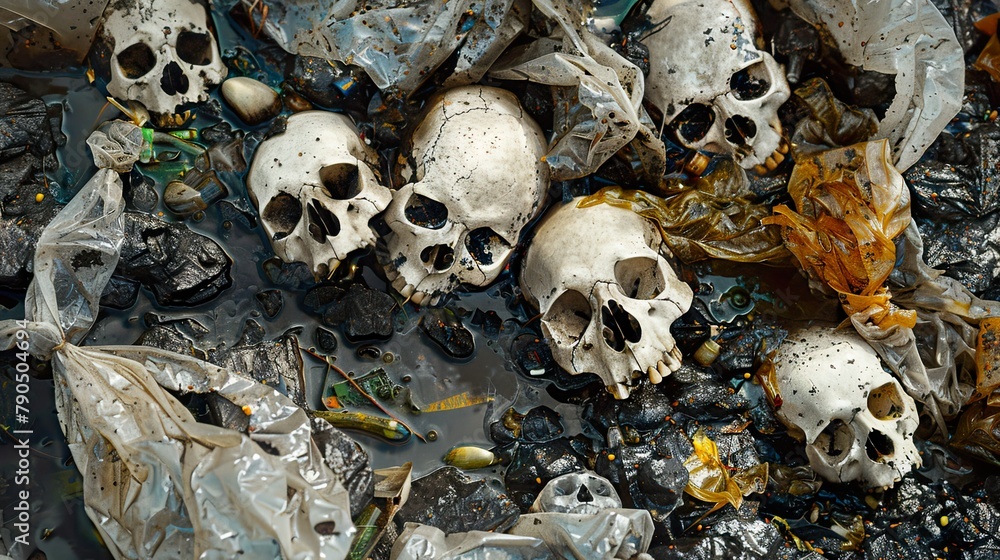 Human skulls laying among plastic trash, pollution, and oil.