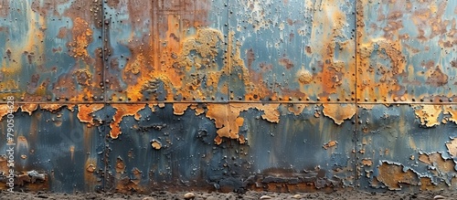 Old worn metallic sheet showing signs of corrosion and peeling paint layers, presenting a weathered and textured appearance