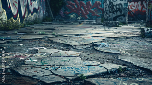 A backdrop that captures the spirit of urban exploration, where cracked concrete and graffiti tags together create a rich, abstract narrative