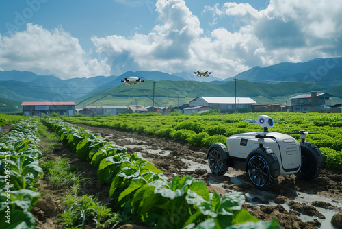 Robotic agriculture technology with drones monitoring crop fields photo