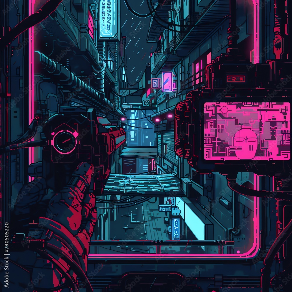Capture the eerie glow of neon lights casting shadows of twisted robotic limbs, while the camera peers from the inside of a shattered visor Create a pixel art masterpiece with a haunting ambiance Capture the eerie glow of neon lights casting shadows of twisted robotic limbs, while the camera peers from the inside of a shattered visor Create a pixel art masterpiece with a haunting ambiance