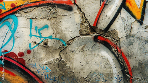 A close-up of a concrete wall's texture, its cracks a testament to time, elegantly defaced with the colorful, cryptic symbols of graffiti tags