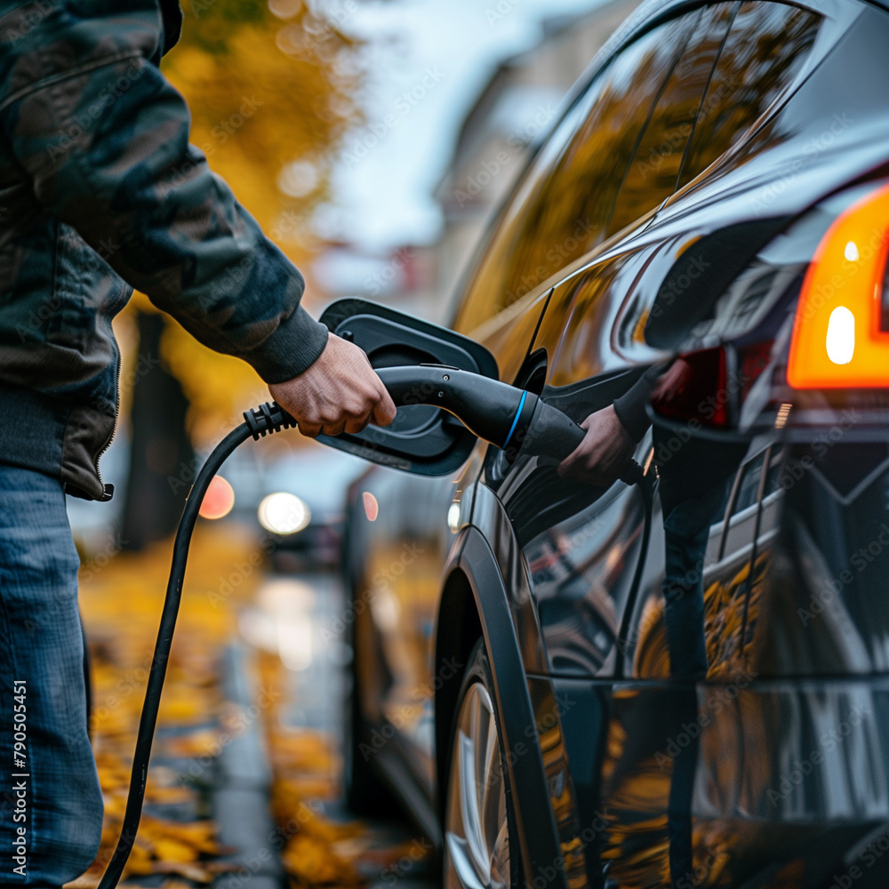 Midsection of man plugging in cable while charging electric car. AI generated image Midsection of man plugging in cable while charging electric car. AI generated image