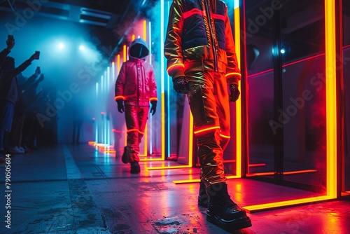 Futuristic USB ports emitting neon lights in a fashion show setting ,ultra HD,digital photography